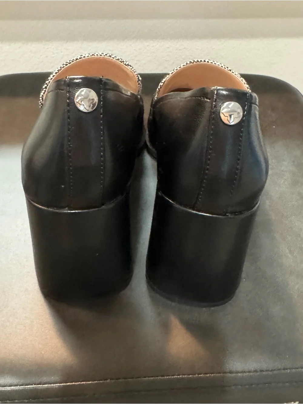 Kelly & Katie Black and White Chain-Trim Loafers